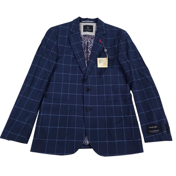 NWT TailorByrd Blazer Jacket Mens Navy Windowpane Size 38R Notch Lapel Collar‎